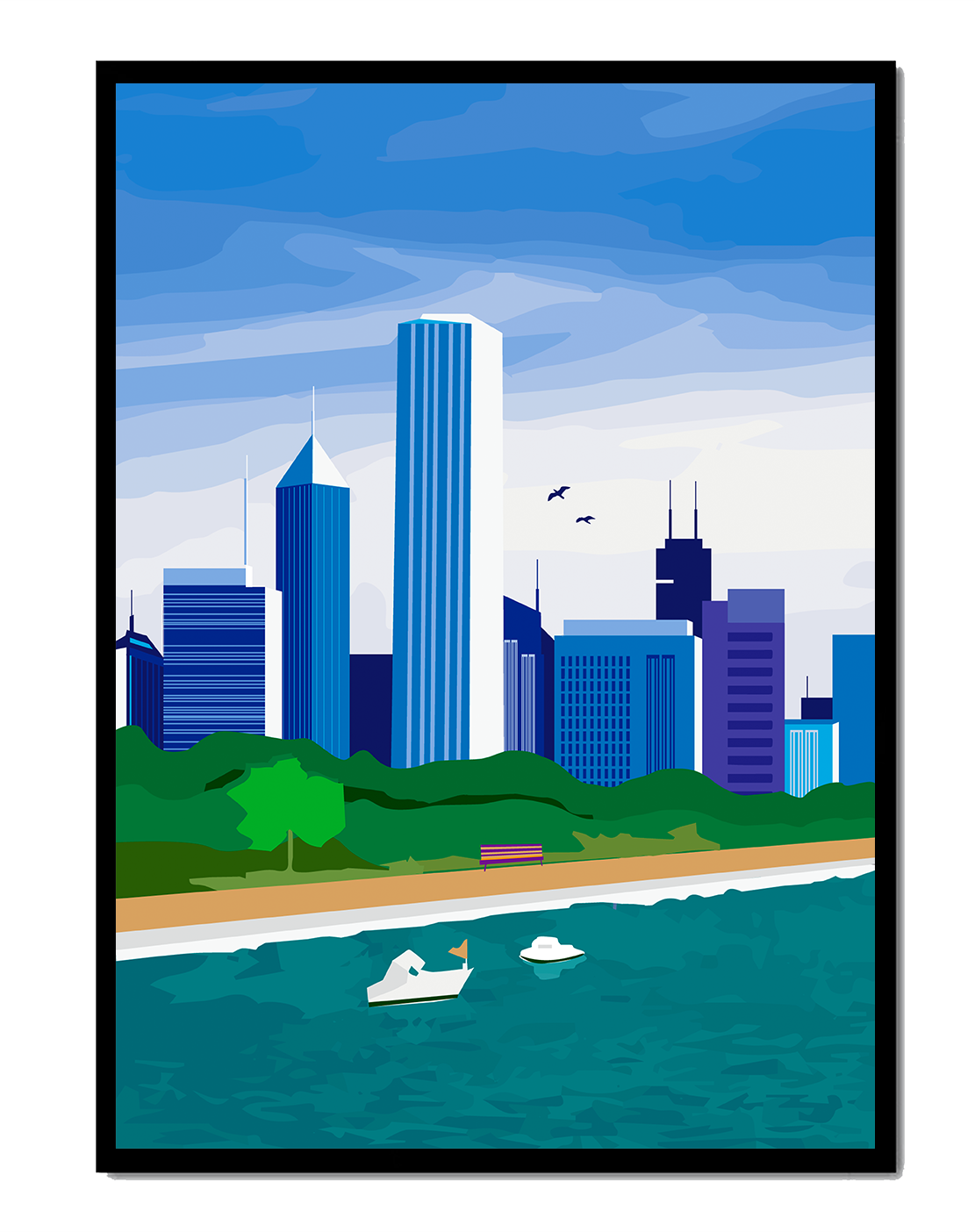 Modern cityscape with skyline and waterfront in a vibrant style