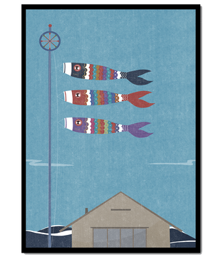 Colorful Koi Nobori Fish Flags Against Blue Sky