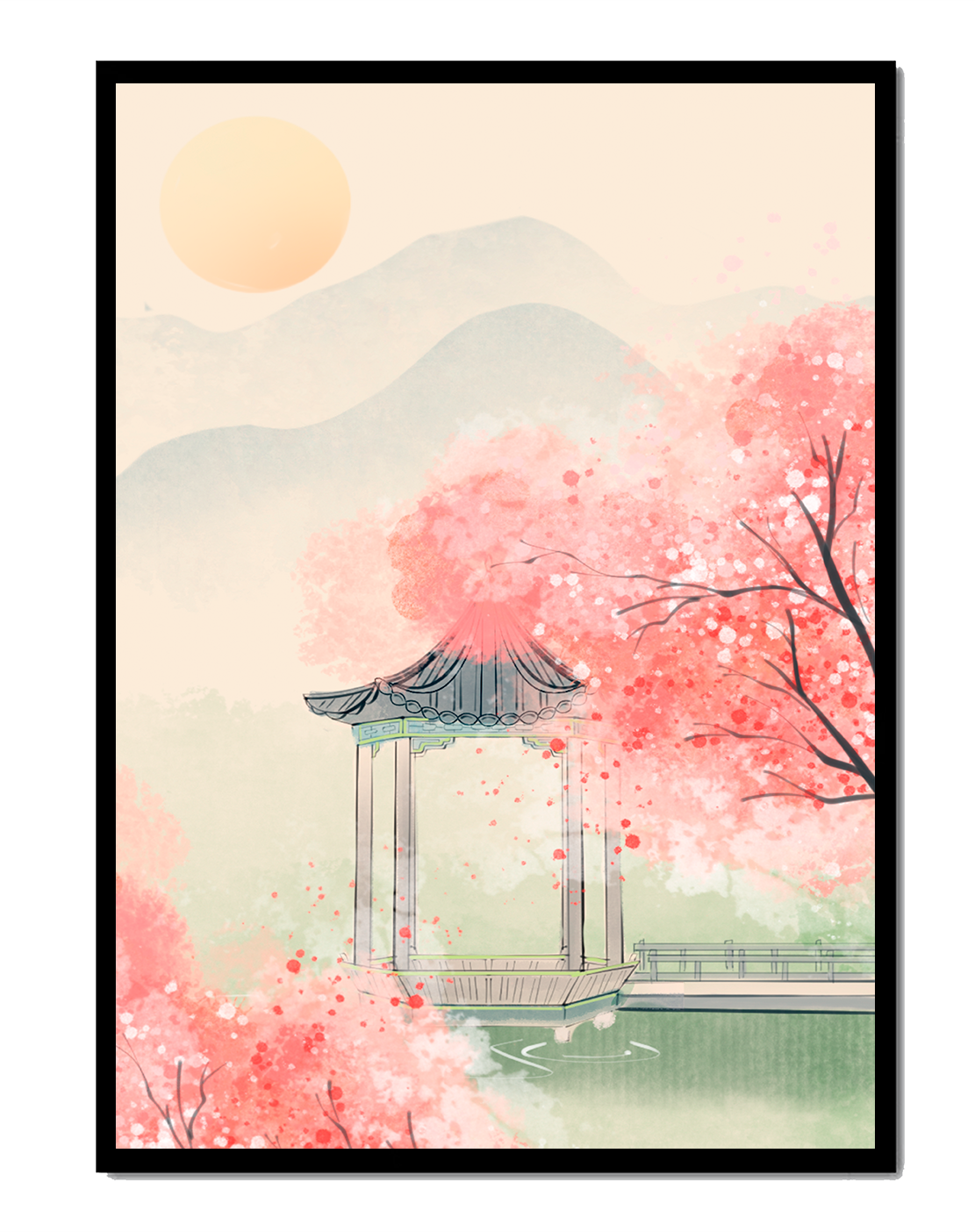 Serene landscape with cherry blossoms and traditional gazebo
