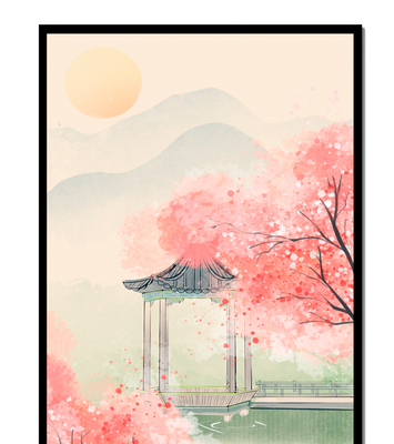 Serene landscape with cherry blossoms and traditional gazebo