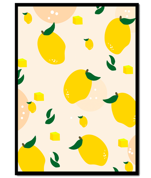 Playful lemon pattern with green leaves and abstract shapes
