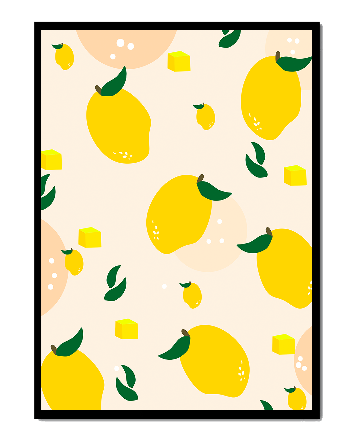 Playful lemon pattern with green leaves and abstract shapes