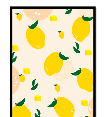 Playful lemon pattern with green leaves and abstract shapes