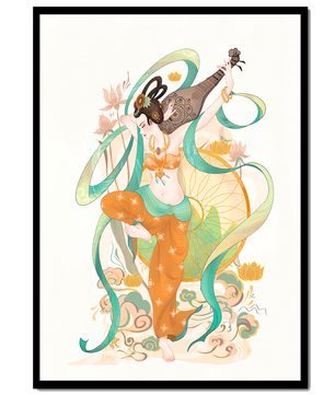 Elegant depiction of an Asian-inspired musician with floral and ribbon motifs