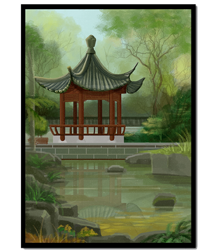 Tranquil Asian garden scene with traditional pagoda and serene pond