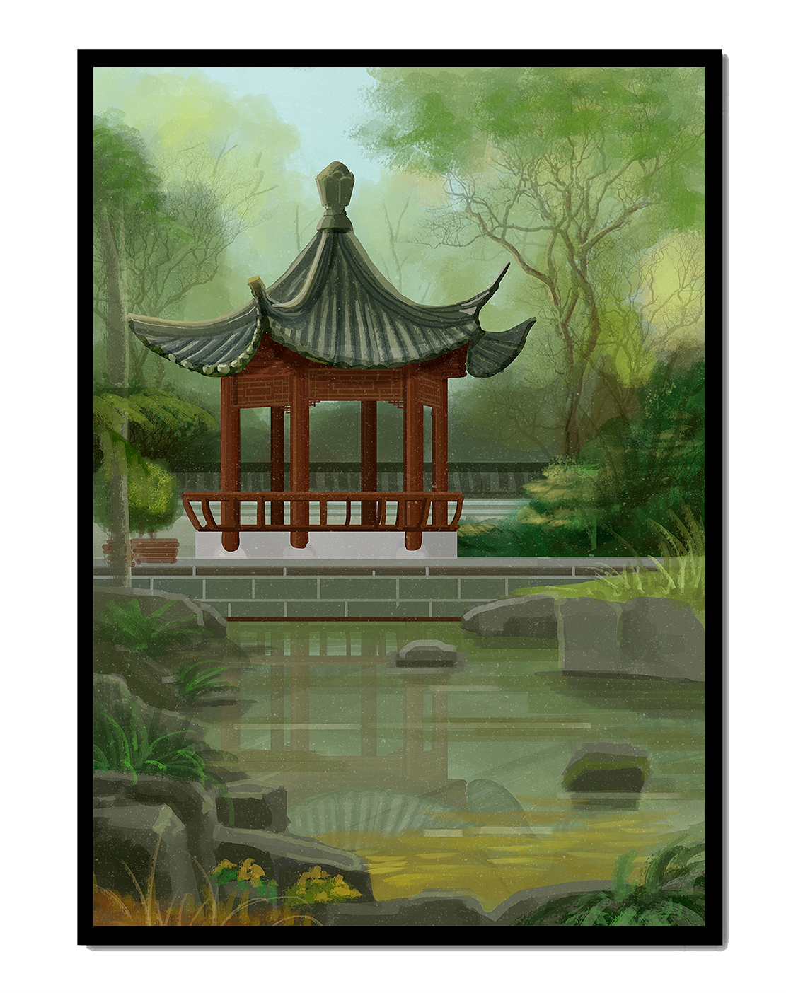 Tranquil Asian garden scene with traditional pagoda and serene pond