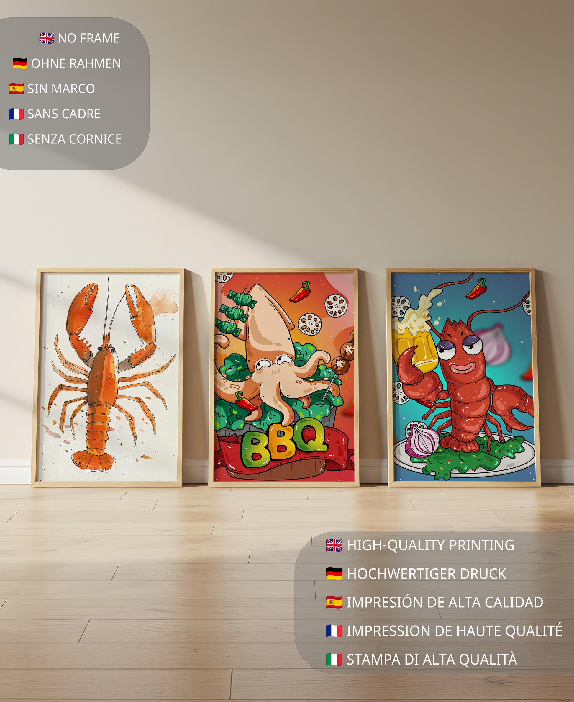 Affiches de fruits de mer amusants dans un style illustratif