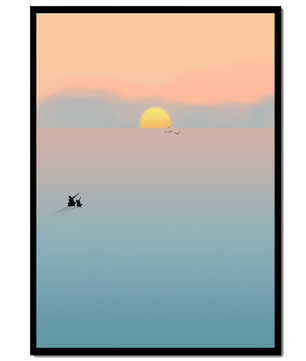 Serene Sunset with Silhouettes and Birds over a Calm Sea