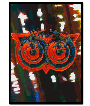 Abstract artwork featuring colorful geometric owl design
