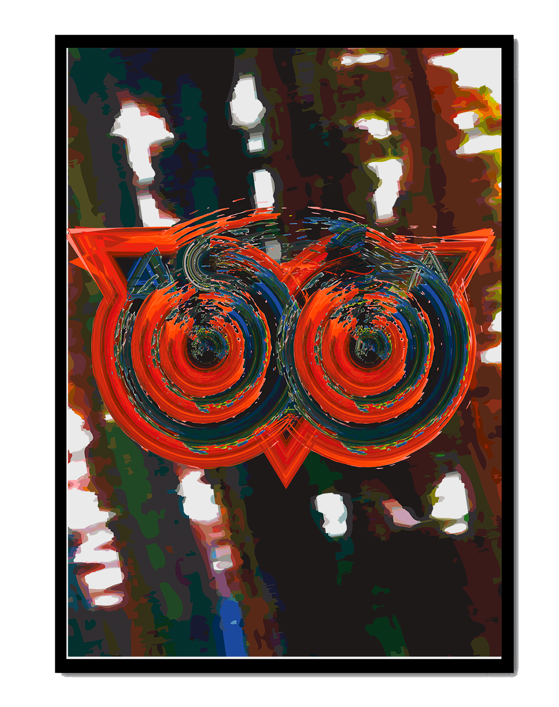 Abstract artwork featuring colorful geometric owl design