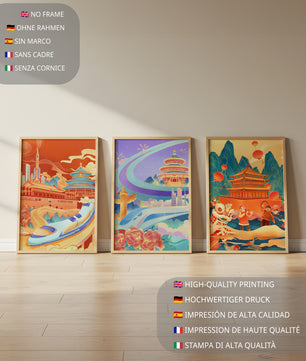 Affiches d’architecture asiatique avec trains et danses traditionnelles