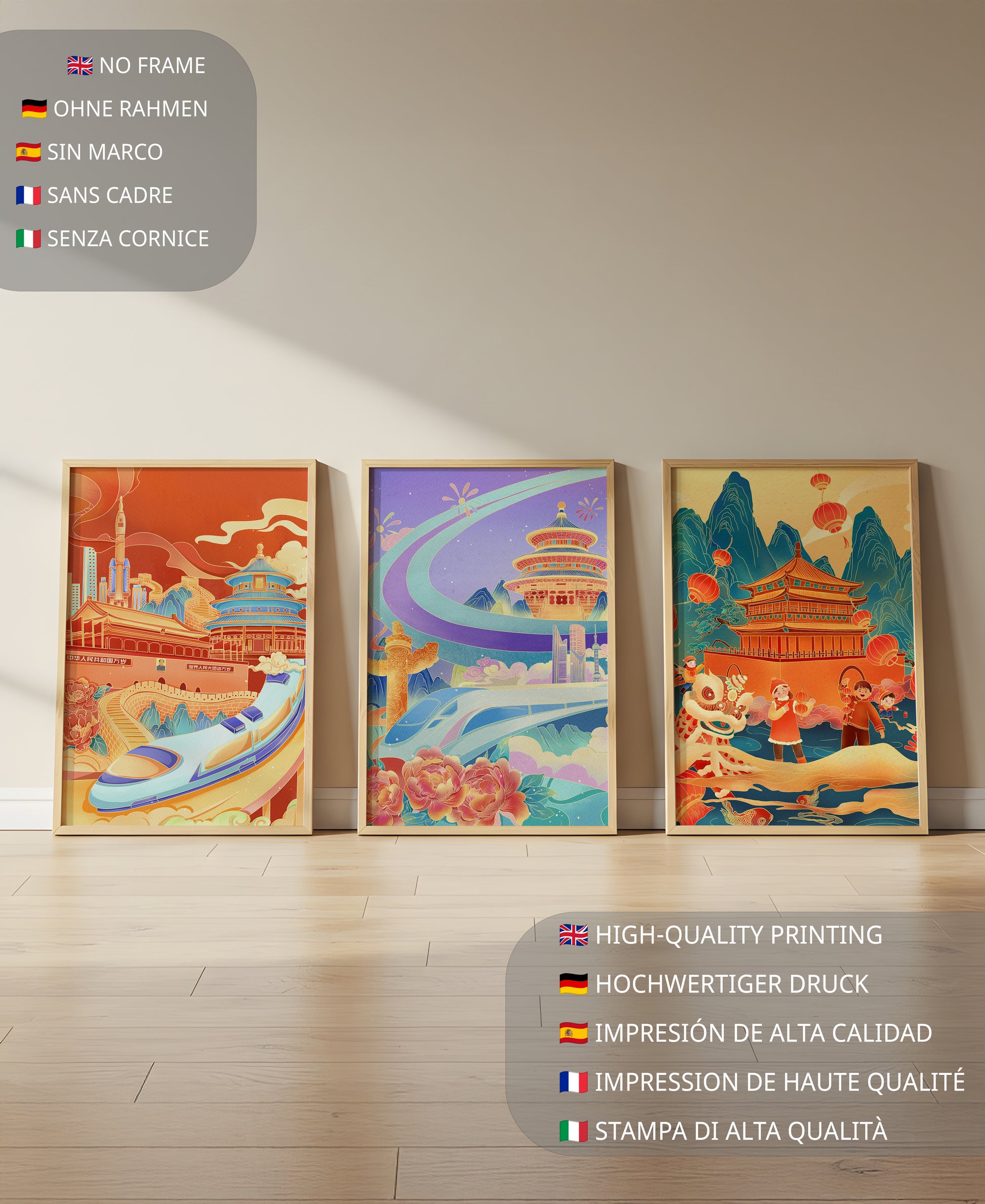 Posters de Arquitectura Asiática con Trenes y Danzas Tradicionales