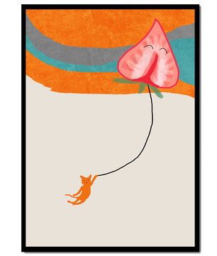 Gato naranja colgando de un globo en forma de corazón sobre fondo abstracto