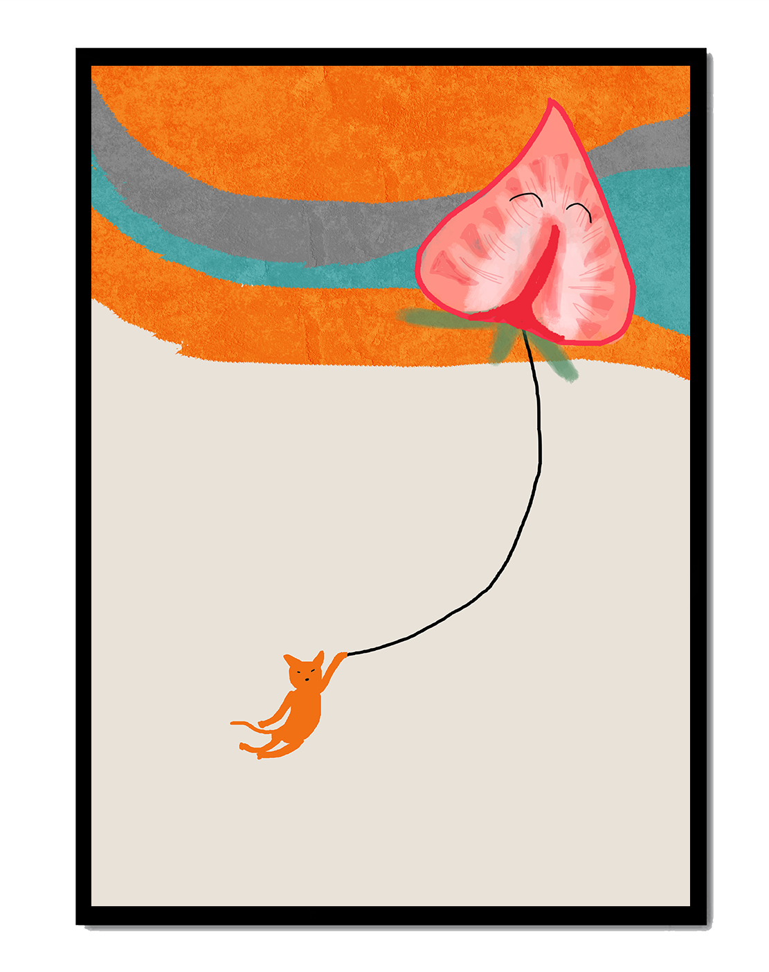 Orange Cat Hanging from a Heart-Shaped Balloon on Abstract Background