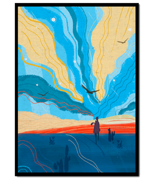 Paisaje abstracto colorido con figura y pájaros