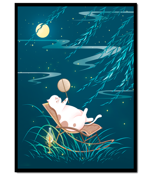 Adorable ilustración de un gato relajándose en un jardín iluminado por la luna con linterna