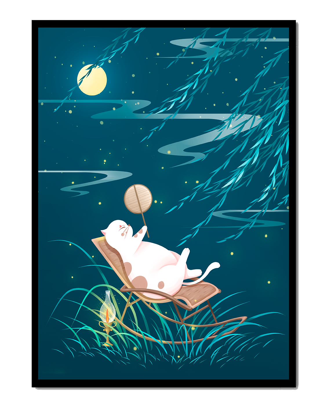 Adorable ilustración de un gato relajándose en un jardín iluminado por la luna con linterna