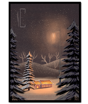 Escena nocturna nevada con cabaña y árboles