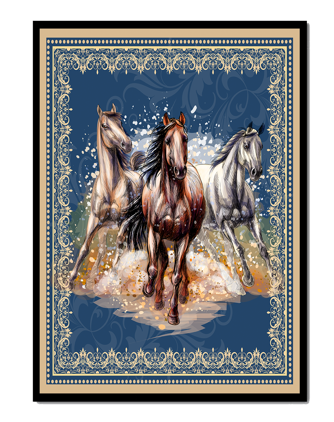 Running horses framed with elegant golden border on a blue background