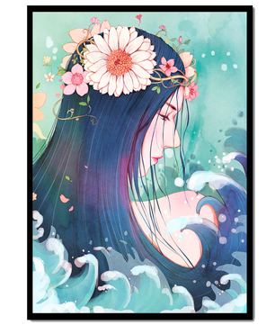 Illustration of a serene woman with floral crown and ocean waves
