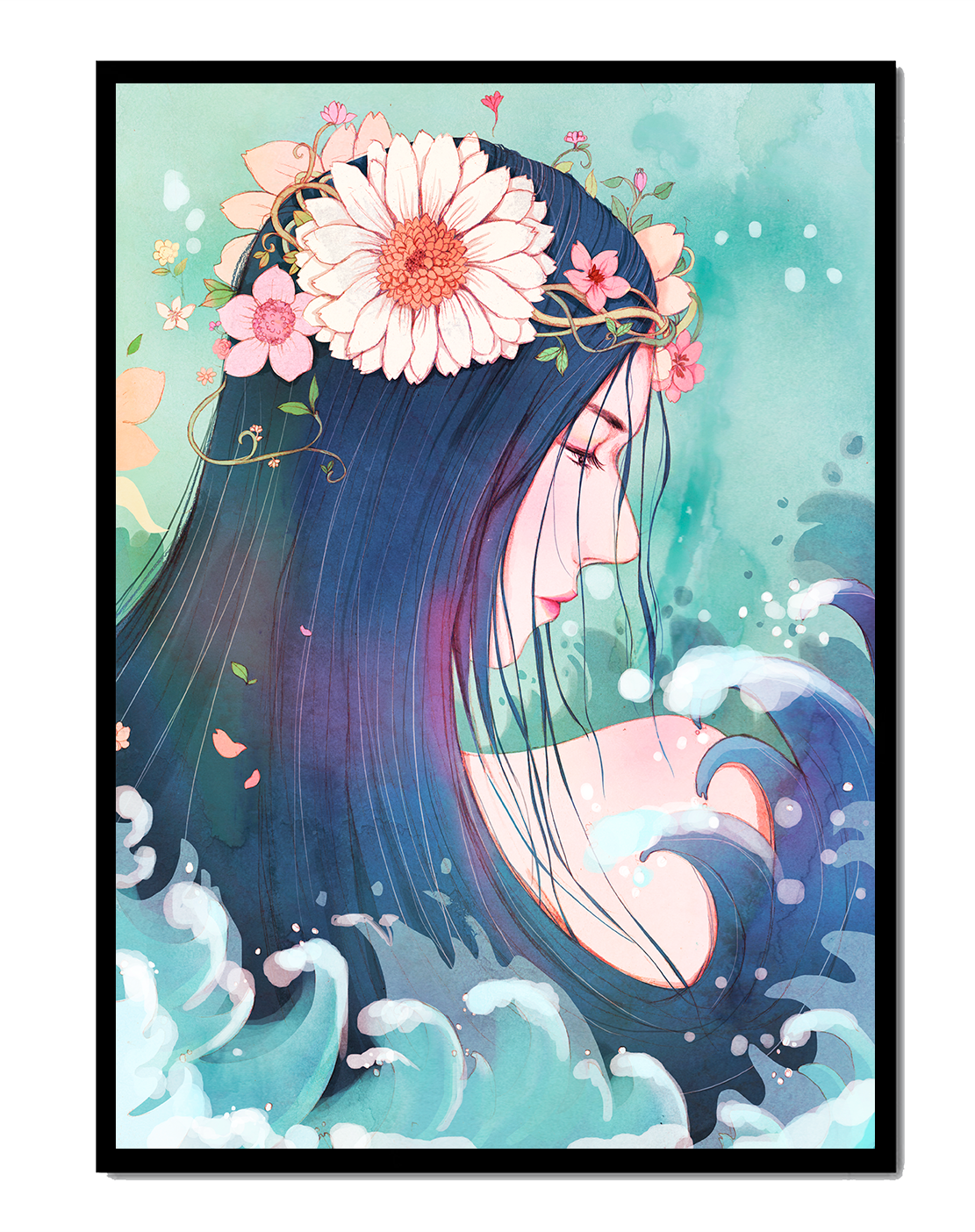 Illustration of a serene woman with floral crown and ocean waves