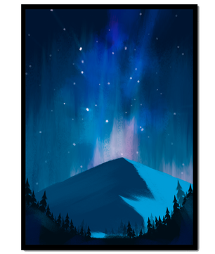 Paisaje montañoso sereno con auroras boreales y bosque oscuro