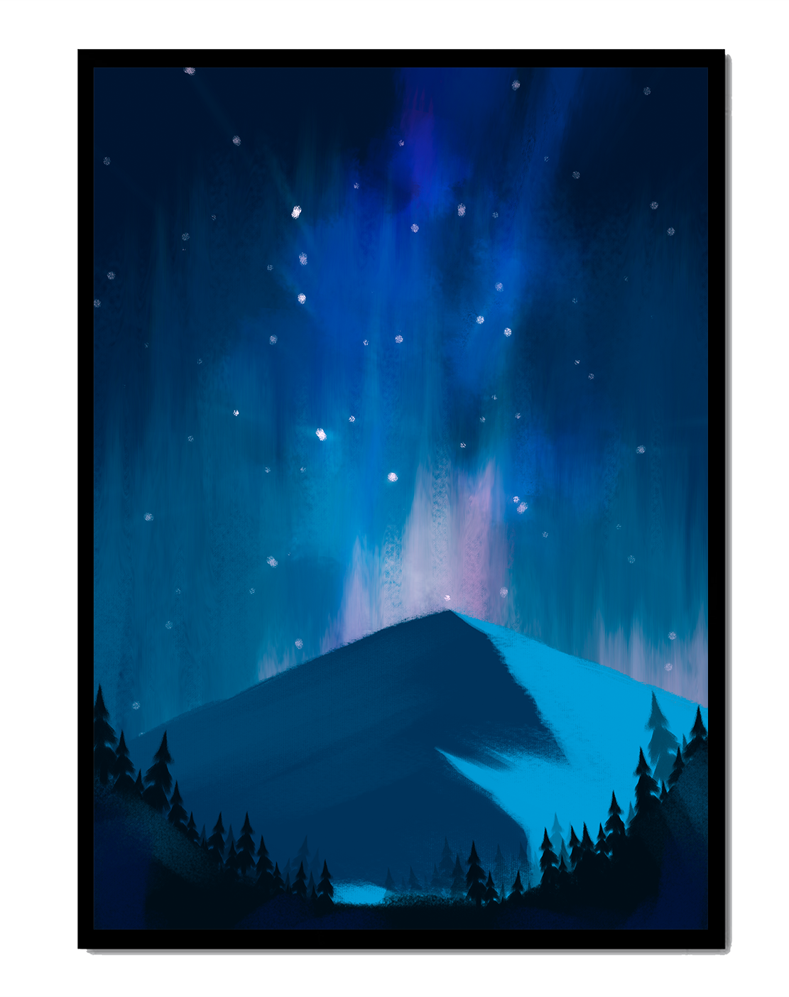 Paisaje montañoso sereno con auroras boreales y bosque oscuro