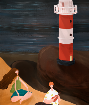 Peaceful Beach Scene with Lighthouse at Night