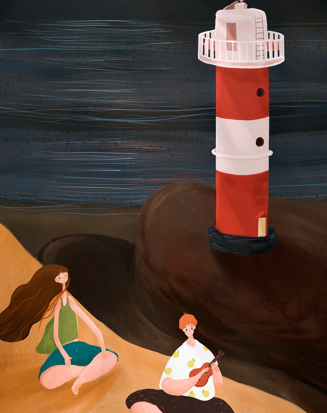 Escena de playa tranquila con faro por la noche