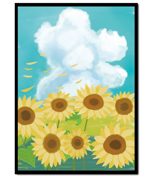 Sonnenblumen in einer hellen Wiese mit blauem Himmel und Wolken
