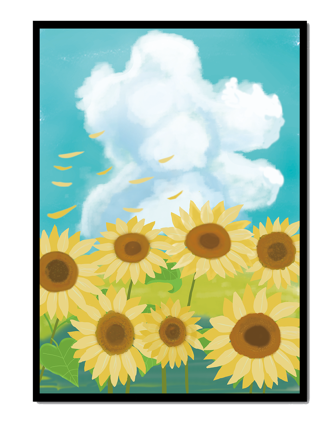 Girasoles en un prado brillante con cielo azul y nubes