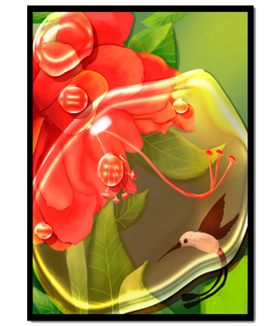 Vibrant floral illustration with hummingbird and lush greenery