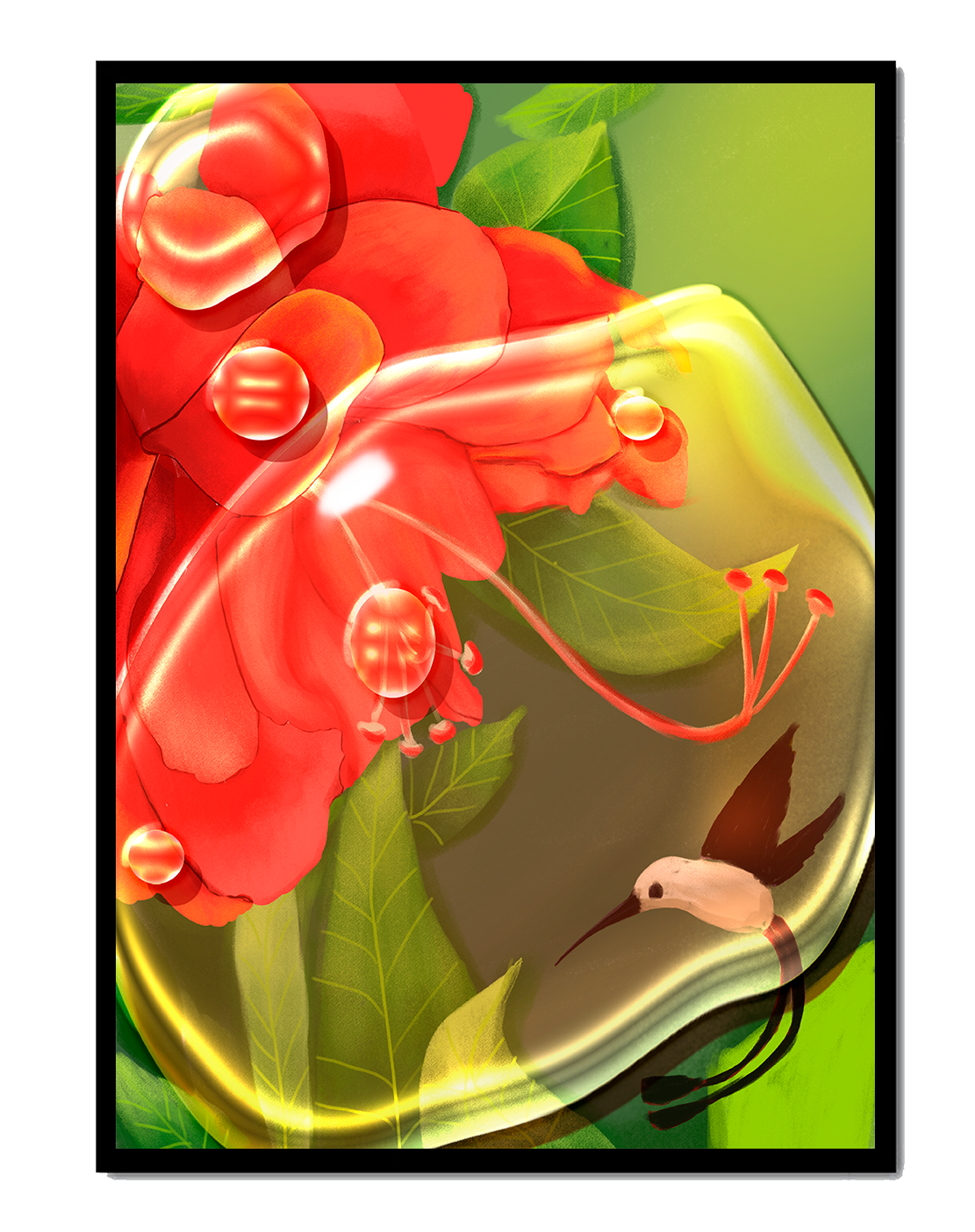 Vibrant floral illustration with hummingbird and lush greenery