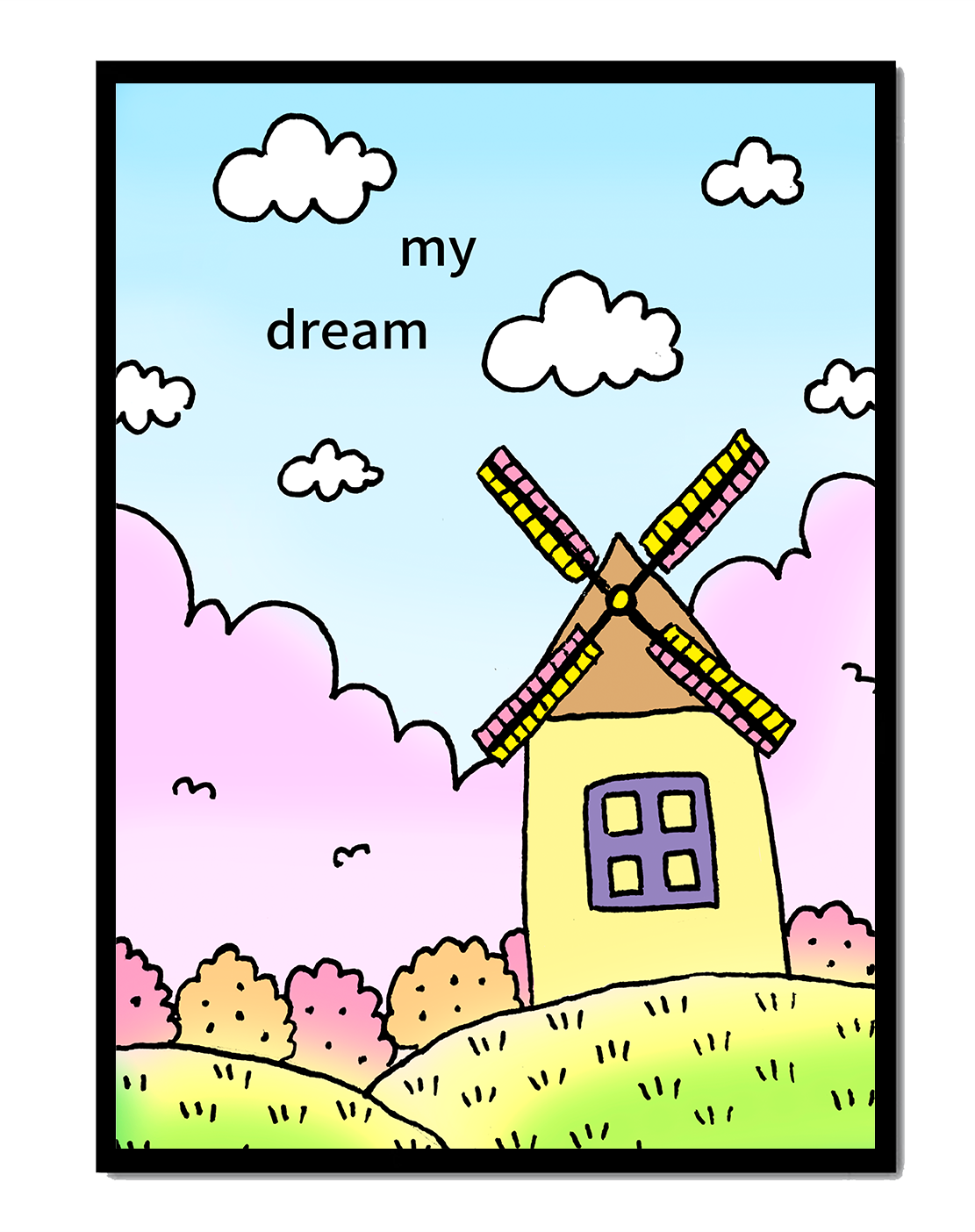 Windmill in a pastel landscape with fluffy clouds and bushes