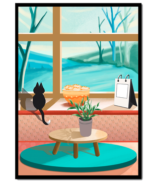Cozy interior with a cat by the window and potted plants