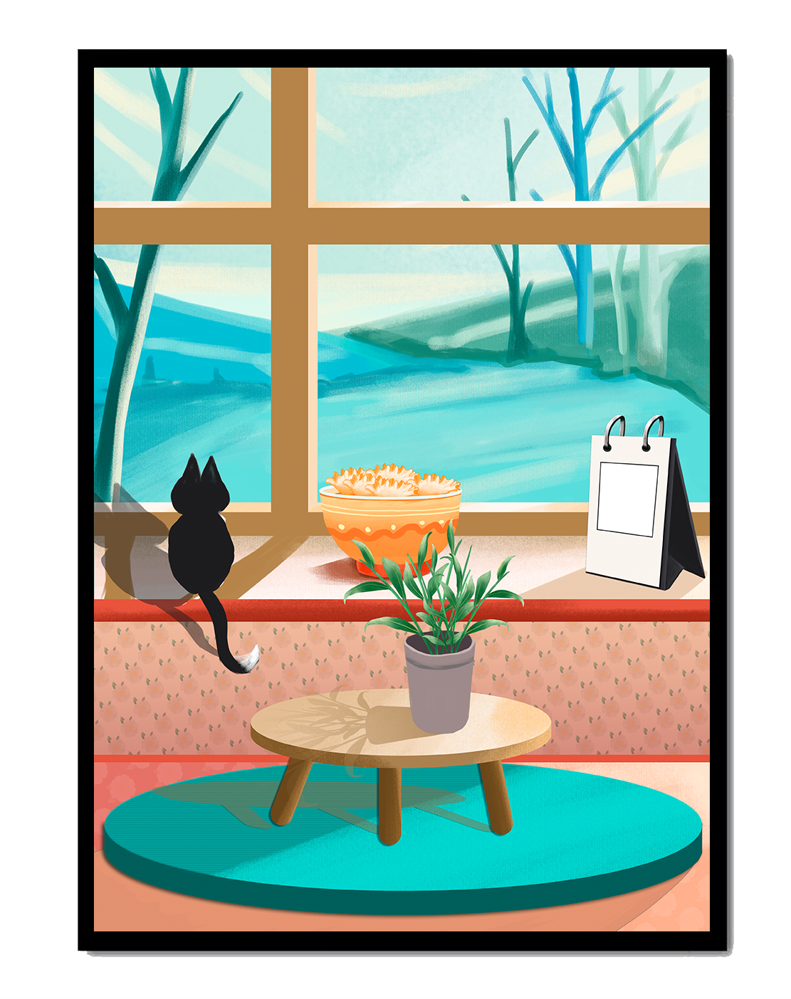 Cozy interior with a cat by the window and potted plants