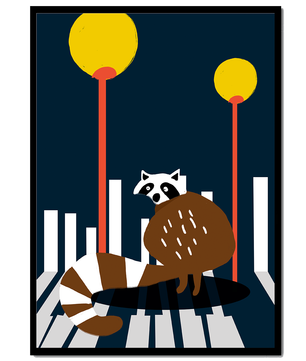 Raccoon Illustration with Urban Street Lamps and Geometric Design