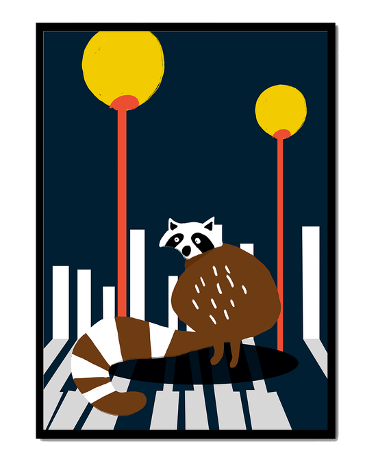 Raccoon Illustration with Urban Street Lamps and Geometric Design