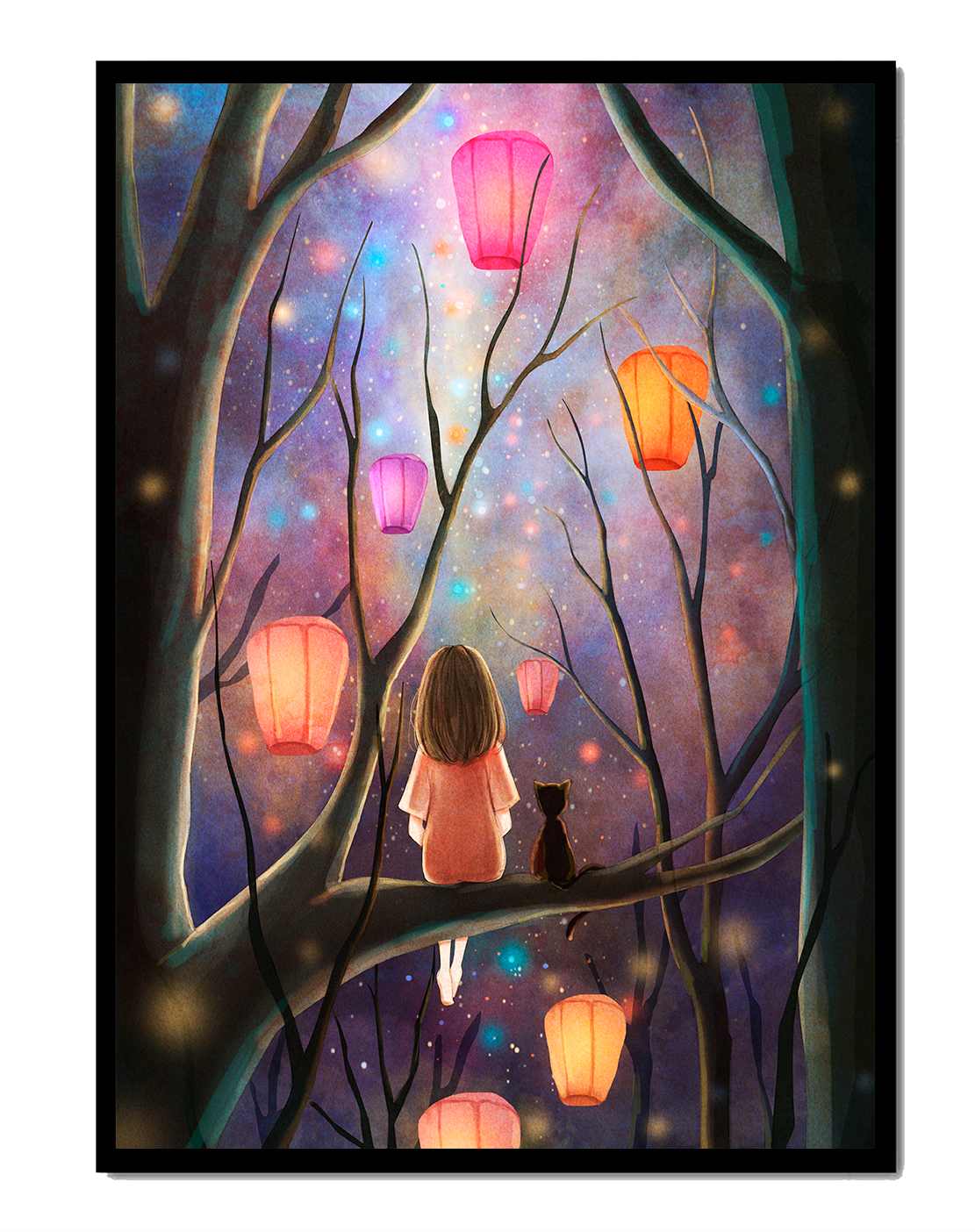 Scène nocturne enchanteresse avec des lanternes et une fille dans la forêt