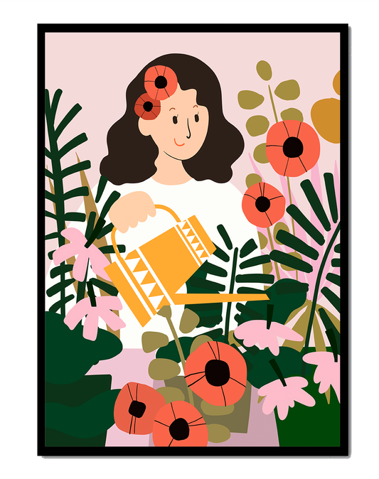 Woman watering plants surrounded by vibrant flowers and greenery