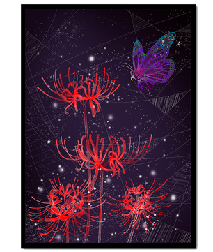 Vivid Night Sky with Red Spider Lilies and Purple Butterfly - Mi tienda