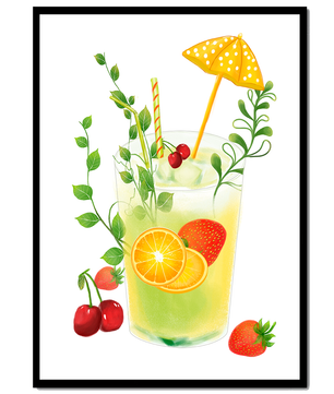 Refreshing summer drink illustration with fruits and greenery