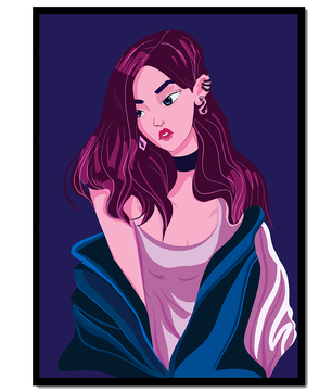 Illustration d'une fille élégante aux cheveux violets et à la veste bleue