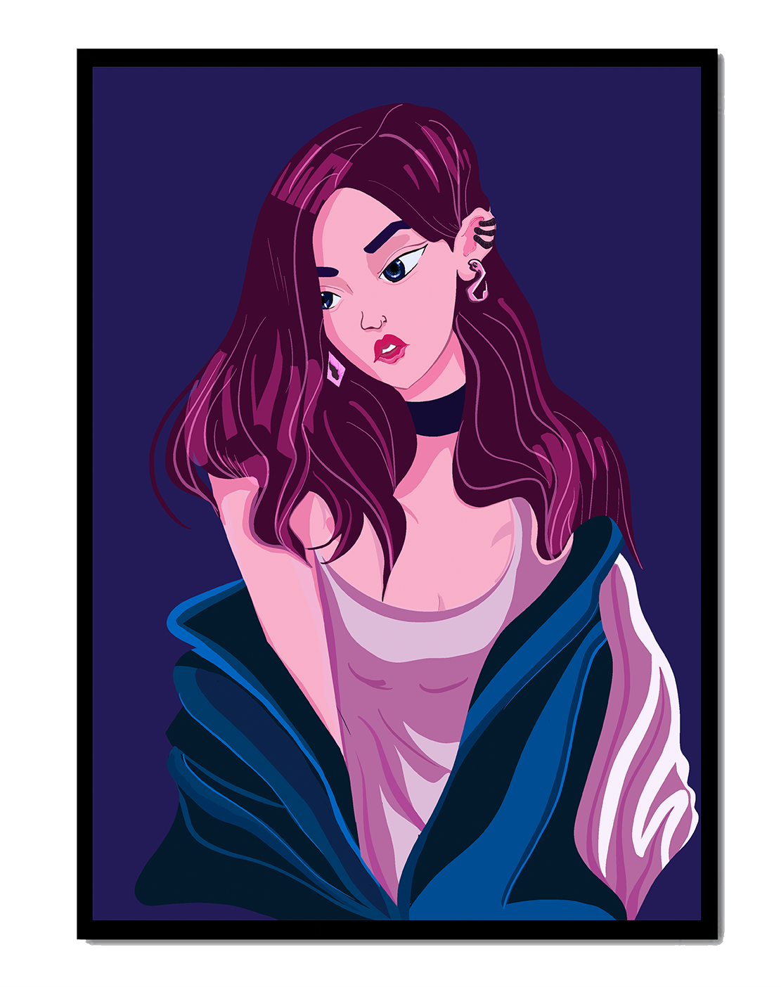 Stylish girl with purple hair and a blue jacket illustration