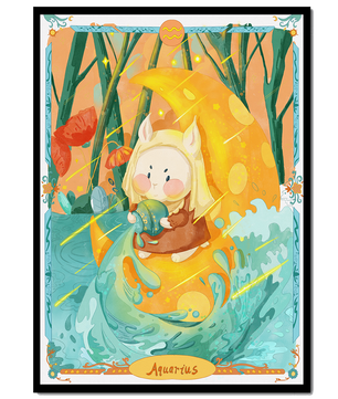 Aquarius zodiac illustration with whimsical character and vibrant colors