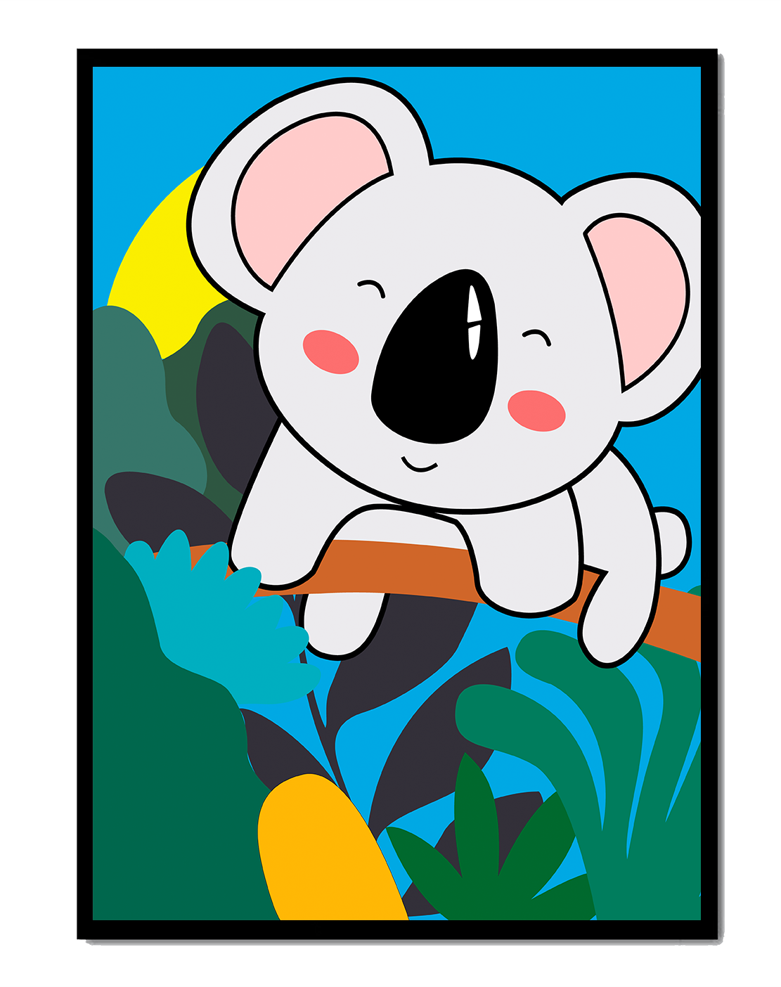 Charming illustrated koala on a branch with vibrant background