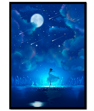 Cielo nocturno soñador con figura danzante y luz de luna brillante