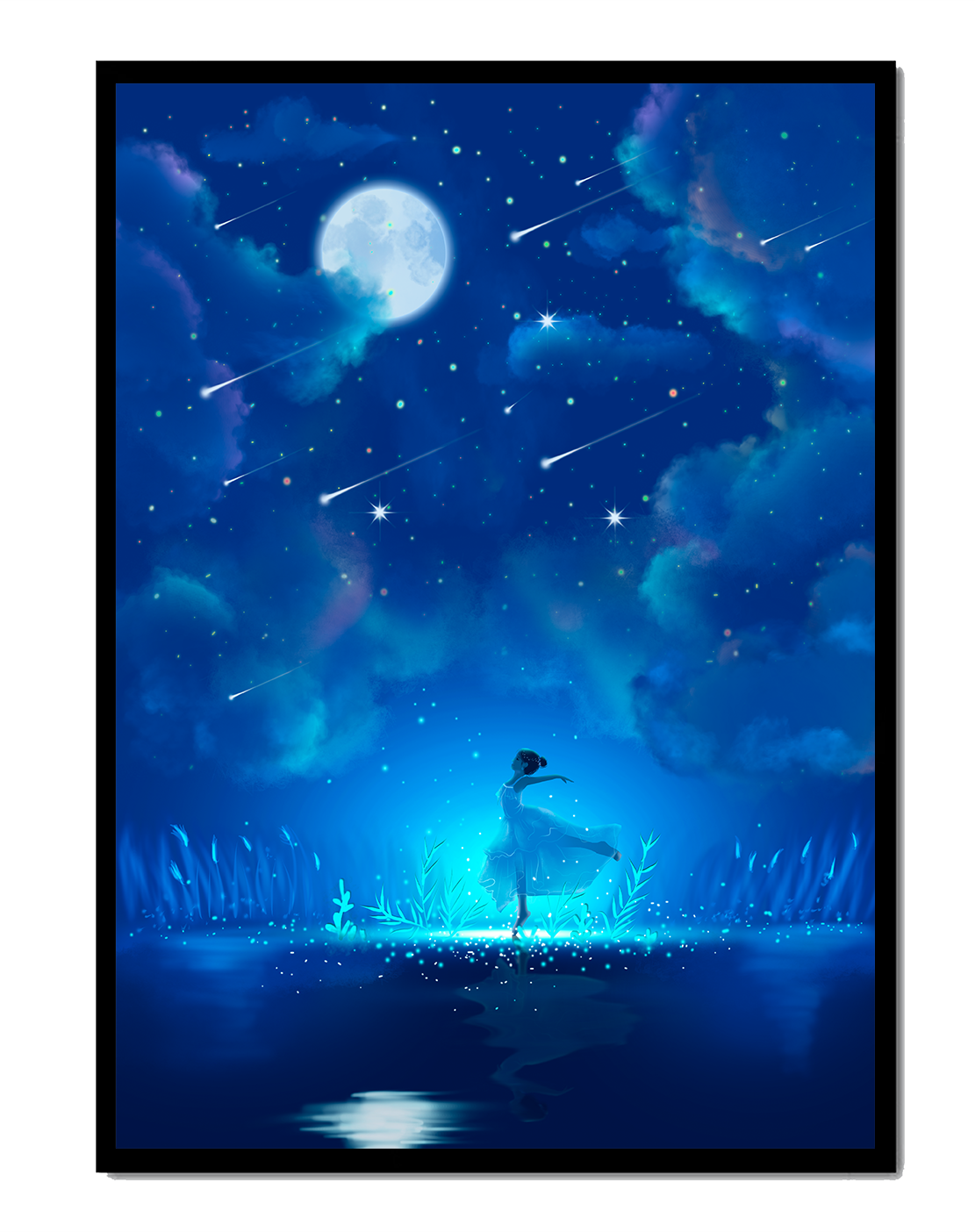 Cielo nocturno soñador con figura danzante y luz de luna brillante