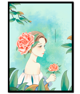 Ilustración de una mujer con una flor y texto que dice "Hola, julio"
