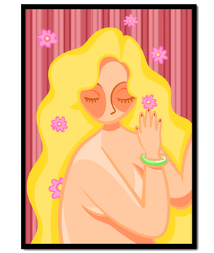 Ilustración abstracta de una mujer serena con el pelo largo y rubio y flores